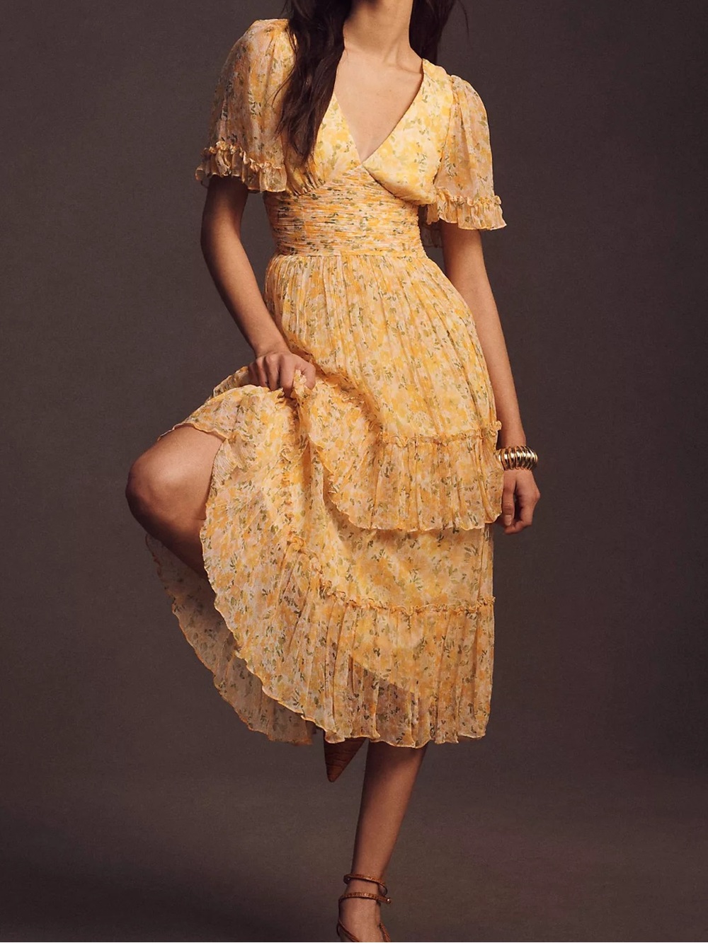 Anthropologie Yellow Floral Midi Dress